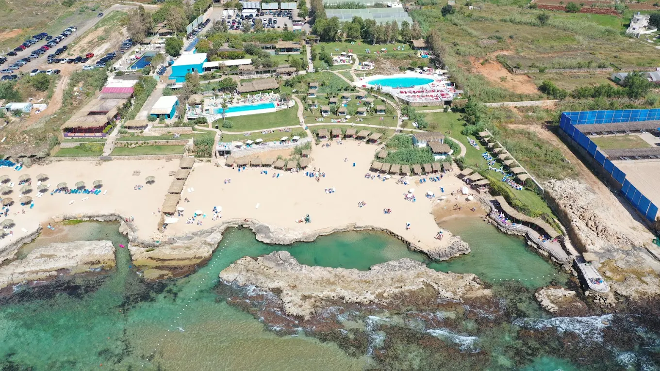 Wide aerial of the full Jiyeh beach resort complex